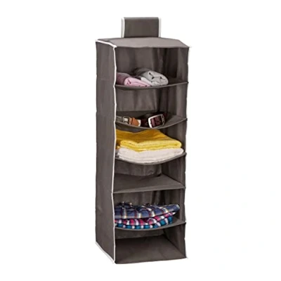 Image of Relaxdays Wardrobe Storage, 6 Open Compartments, HxWxD: 96 x 32 31 cm, Hanging Organiser, Camping, Anthracite, Fleece, Cardboard