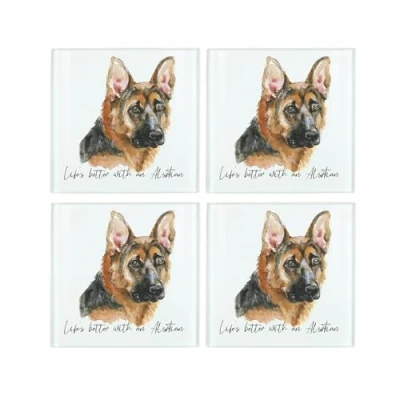 Image of Alsatian Coaster Set Life&#039;s Better With a Dog Gift Square Glass of Four (4) Coasters