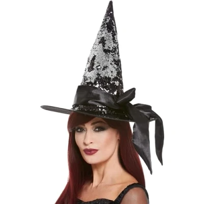 Image of Smiffys Deluxe Reversible Sequin Witch Hat, Black &amp; Silver with Satin Bow, Halloween Fancy Dress Accessory, Up Hats