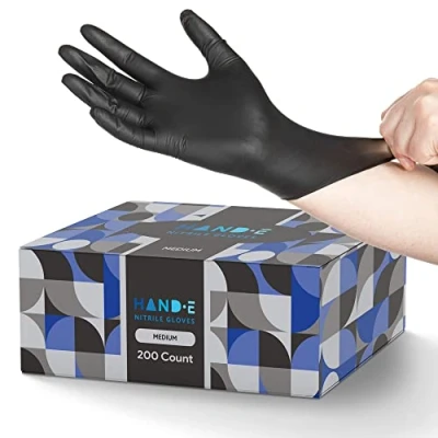 Image of Hand E Touch Black Nitrile Disposable Latex Free &amp; Powder Gloves 200 Count, Medium BBQ, Tattoo, Hair Dye, Cooking Mechanic