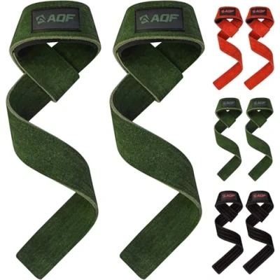 Image of AQF Premium 100% Suede Leather Weight Lifting Straps Handmade, Neoprene Padded Heavy Duty Gym Lasso for Deadlifts, Rows, Pull Ups Extra Long (Green)