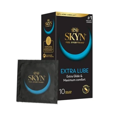 Image of SKYN Extra Lube Condoms Pack of 10 SKYNFEEL Latex Free for Men, Regular Size Condoms, Lubricated, Thin Smooth Straight Shape, 53mm Wide