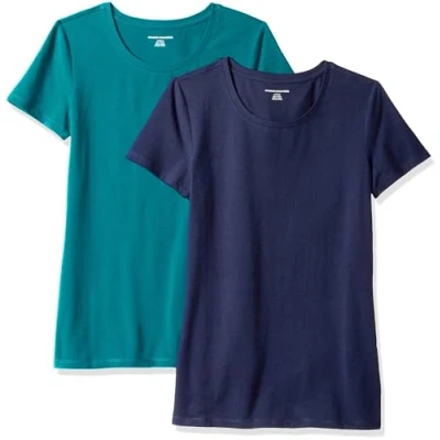 Image of Amazon Essentials Women&#039;s Classic Fit Short Sleeve Crewneck T Shirt, Pack of 2, Dark Green/Navy, XS