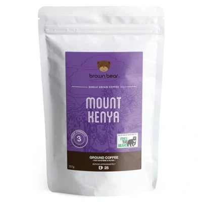 Image of Kenyan Medium Roast Ground Coffee 227g For French Press Cafetiere Filter Drip V60 Aeropress Brown Bear Mount Kenya Strength 3 Donation to Free The Bears