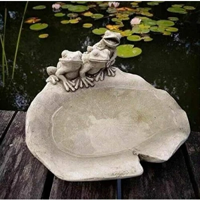 Image of Frogs on Lily Statue Reconstituted Stone Bird Bath Feeder Outdoor Pond Concrete Garden Ornament