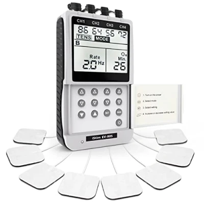 Image of iSTIM EV 805 TENS EMS 4 Channel Combo Machine Unit Muscle Stimulator + Back Pain Relief and Management. Including 16 Pieces TENS/EMS Electrodes Pads