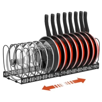 Image of Housolution Pan Organiser for Cupboard, Expandable Lid Holder with 14 Adjustable Dividers, Pot Storage Organizer Rack Kitchen Black