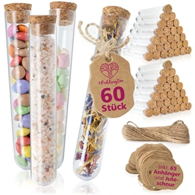Image of WeddingTree 60 x test tubes 18 105 mm 20 ml With cork, jute string and pendant As a wedding gift decoration spice glasses