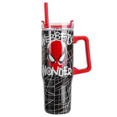 Image of Spiderman 940mL/33oz Double Walled Vacuum Insulated Stainless Steel Tumbler Cup with Handle and Straw, Reusable for Cold Hot Drinks
