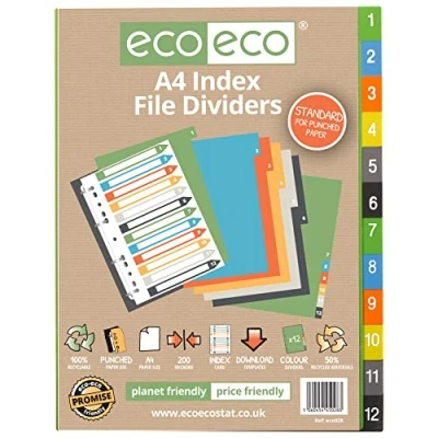 Image of eco A4 50% Recycled Set 12 Index File Dividers