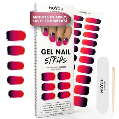 Image of MOYOU LONDON Semi Cured Gel Nail Strips 20 Pcs. Wraps for Salon Quality Manicure Works with Any UV Lamp Easy to Apply, Trim, &amp; Remove Stickers