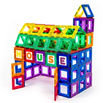 Image of Playmags 80 Pcs Magnetic Tiles Building Set For Kids 40 Stronger Magnets Clear Color Magnet Windows &amp; Letters Numbers Stimulate Creativity Brain Development