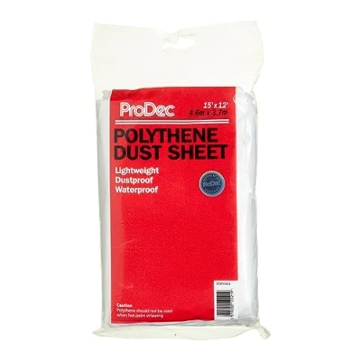 Image of ProDec 15ft x 12ft (4.6m 3.6m) Lightweight Polythene Dust Sheet, Dustproof and Waterproof Ideal for Covering Protecting Floors Furniture from Spills Splashes When Painting Decorating