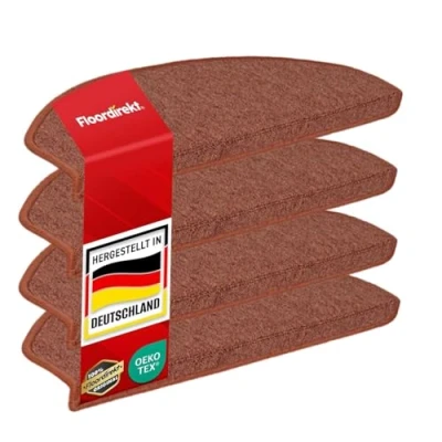 Image of Floordirekt 15 x Stair Tread Mats, Mats Indoor for Carpet, Self Adhesive, Rug Protectors, Protection (London, Terracotta, 65 23 cm, Semicircular)