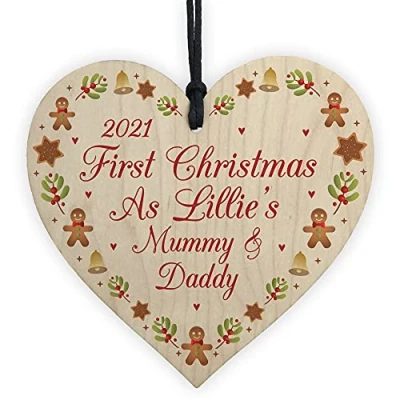 Image of RED OCEAN First Christmas As Mummy Daddy Wood Bauble Keep Personalised Wooden Heart