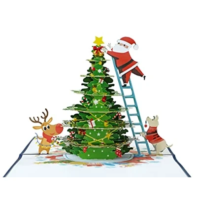Image of Santa Claus decorating Christmas Tree 3D Pop Up card.A Delightful holiday surprise greeting card gift For kids, friends, family and loved ones. decor parties.15cmx15cm