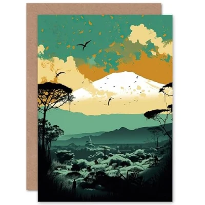 Image of Artery8 Mount Fuji Sunrise Landscape in Teal Blue and Tan Travel Birthday Sealed Greeting Card Plus Envelope Blank inside