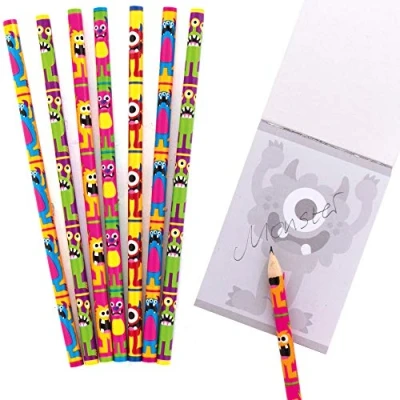 Image of Baker Ross AX270 Monster Pencil Set Pack of 12, Halloween Gifts, Ideal for Kids School Set, Homework, Classwork, Party Bag Fillers,Grey
