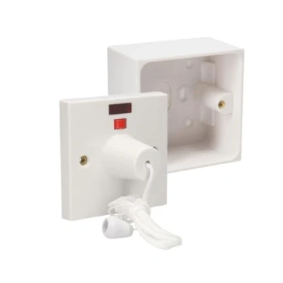 Image of AXIOM 45A 2 Way Shower Ceiling Pull Cord Switch with Mechanical &amp; Neon Indicator 35mm/45mm Mounted Surface Pattress Back Box (With 45mm Box)