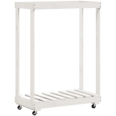 Image of vidaXL Log Holder with Wheels White 76.5x40x108 cm Solid Wood Pine