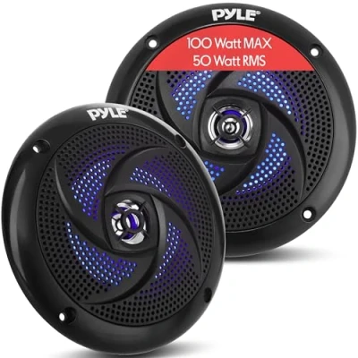 Image of Pyle Marine Speakers 4 Inch 2 Way Waterproof and Weather Resistant Outdoor Audio Stereo Sound System with LED Lights,100 Watt Power Low Profile Slim Style 1 Pair PLMRS43BL (Black)