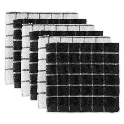 Image of DII 100% Cotton, Machine Washable, Ultra Absorbant, Basic Everyday 12 x Terry Kitchen Dish Cloths, Windowpane Design, Set of 6 Black