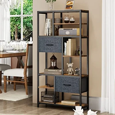 Image of YITAHOME Bookcase, 7 Tier Bookshelf with drawers Floor Standing Book Shelf Industrial Shelving Unit Storage Rack Steel Frame for Living Room, Office, Study, Hallway, Kitchen, Rustic Brown