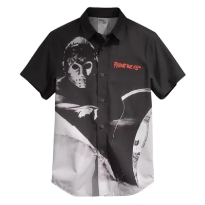 Image of Warner Bros Friday The 13th Mens Button Down Silhouette Shirt Jason Voorhees Graphic Print Design Buttondown Casual Shirt, Black and Gray, Medium