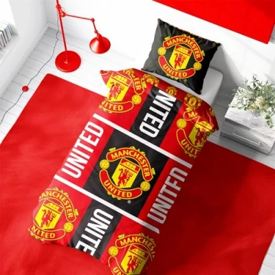 Image of Character World Manchester United Single Duvet Cover Set, Trafford Design Red Reversible 2 Sided Football Bedding Official Merchandise Including Matching Pillow Cases