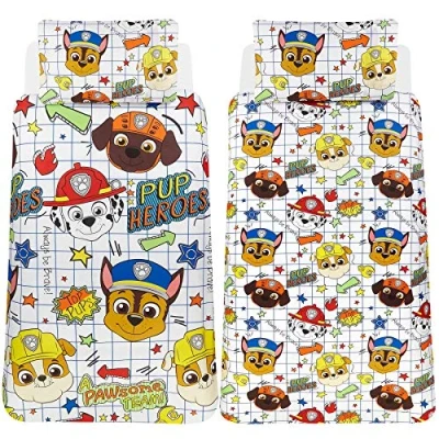 Image of Paw Patrol Blueprint Single Duvet Cover Reversible Two Sided Official Bedding With Matching Pillow Case Chase, Marshall, Rubble &amp; Zouma