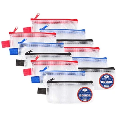 Image of Mini Tuff Bag Zip Wallet Clear Plastic Wallets Zipped Pouch File Pencil Case Folder Water Resistant Reinforced Heavy Duty Mesh Bags (Mini 12 Pack)