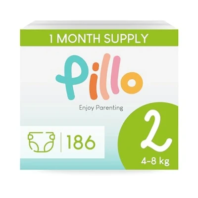 Image of Pillo Baby Nappy Size 2 Monthly Pack of 186 Nappies, 6 Packs 31 Diapers Mini (4 8 kg / 9 17 lbs) Leak Protection for Newborn Sensitive Skin