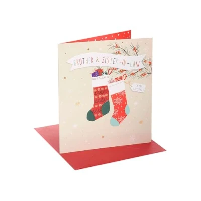 Image of UK Greetings Christmas Card for Brother &amp; Sister In Law Stockings Design