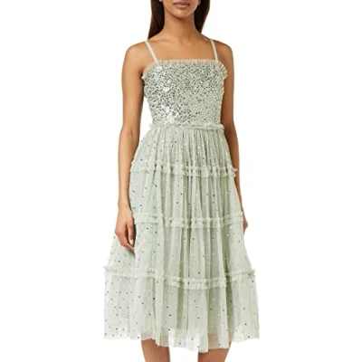 Image of Maya Deluxe Womens Midi Dress Ladies Sequin Embellished Sleeveless Ruffle for Wedding Guest Bridesmaid Prom Evening Occasion Green Lily Size 18 UK