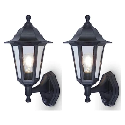 Image of 2 Pack Black &amp; Clear Glass Panel Outdoor Vintage Up Coach Lantern Wall Light with PIR IP44 Rated 38cm Height 1 x ES E27 Required Garden Patio Driveway UK Approved Coastal
