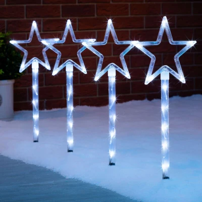 Image of CHRISTOW Star Path Lights, Outdoor Christmas Stake Pathway Decorations, Flashing White LED, Battery Operated with Timer (Set of 4 x 44cm)
