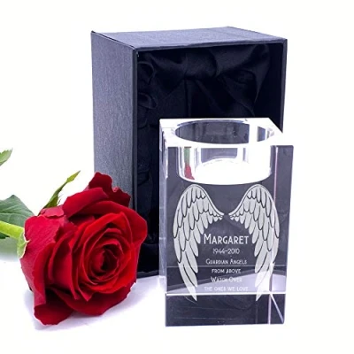 Image of Personalised Crystal Glass Memorial Tea Light Candle Holder Guardian Angel Wings