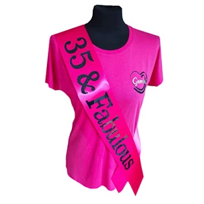 Image of Gemini Ribbons Pink 35 and Fabulous 35th Birthday Sash Holographic Party Womens Mens Gift