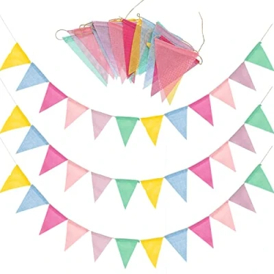 Image of SZXMDKH 60 Flags 68 Feet Bunting Banner, Multicolor Outdoor Waterproof Triangle Imitated Linen Burlap Supply for Wedding Birthday Party Home Festival Decoration