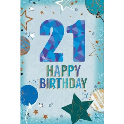 Image of Age 21 Male Birthday Card Blue Numbers, Stripes &amp; Silver Stars 7.75&quot; x 5.25&quot;