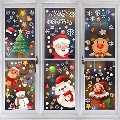 Image of Rifrpha 9 Sheets Christmas Window Stickers clings Snowflake Decorations for Glass Xmas Reusable