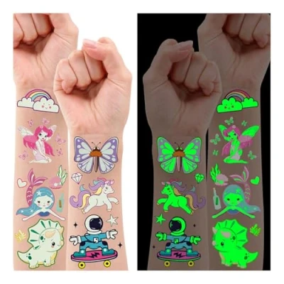 Image of Leesgel 135 Styles(10 Sheets) Glow Kids Tattoos, Mixed Styles Temporary Tattoos for Party Bag Fillers, Girls Boys Birthday Decorations Supplies Games Prizes Toys