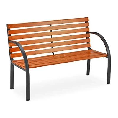 Image of Garden bench, 2 seater, made of wooden slats, outdoor park 123 x 56 83.5 cm (LxWxH), brown/black Relaxdays