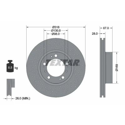 Image of 98200099901PRO Brake disc TEXTAR 92099905 318mm 28mm 05/09 130mm internally vented, Perforated Coated High carbon PORSCHE: 911 Coupe, Boxster, Boxster