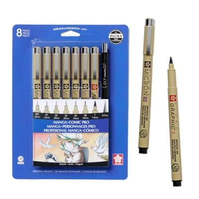 Image of SAKURA Pigma Micron Manga Comic Pro Fineliner Pens Archival Black Ink Assorted Point Sizes 8 Pack