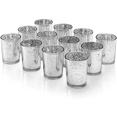 Image of Set of 12 Mercury Glass Silver Tea Light Holders Candle Votive Wedding Decoration 6.7 CM H (Silver)