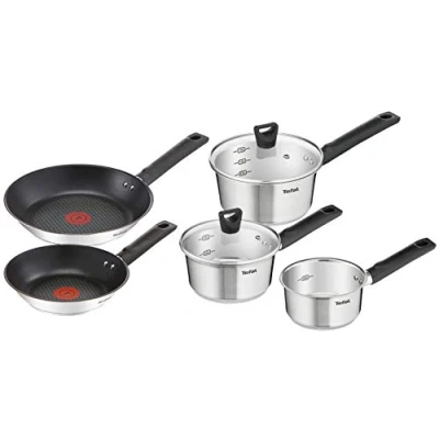 Image of Tefal B906S544 Simpleo Stainless Steel, 5 Piece Pots Set, 14 cm Milkpan, 16 cm/18 Saucepans with Lids, 20/24 Frying Pans