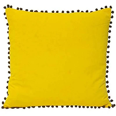 Image of Riva Paoletti Polyester Filled Cushion Faux Velvet Fabric Contrasting Grey Pompom Edges Hidden Zip Closure 100% Soft (18&quot; x 18&quot; inches), Cotton, Yellow, 45 45cm