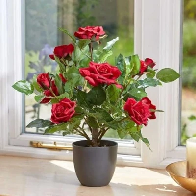 Image of Garden Mile Artificial Plants Indoor And Outdoor Large Plant Rose Tree, Faux Fake Home Décor Office Decorative In Grey Pot (40cm Ruby Red)