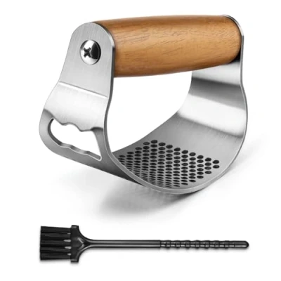 Image of GlasFlength Garlic Press Rocker Stainless Steel Cutter Handle Wooden Presses Crusher Easy to Clean with Small Brush